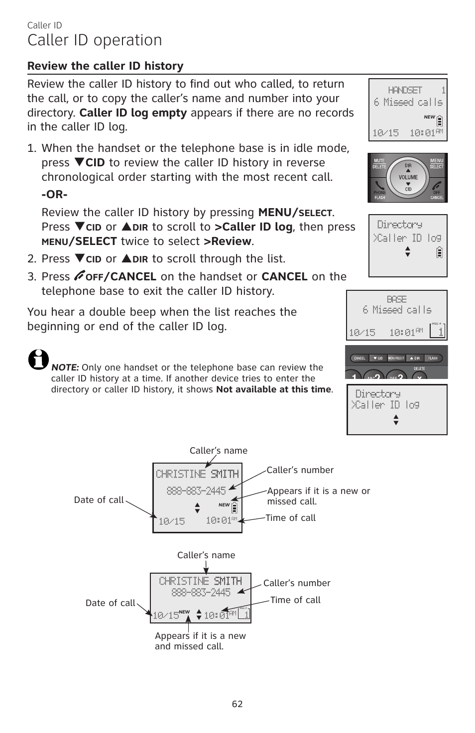 Caller id operation, Press q, Or p | Elect twice to select >review . 2. press q | AT&T CL83301 User Manual | Page 68 / 118
