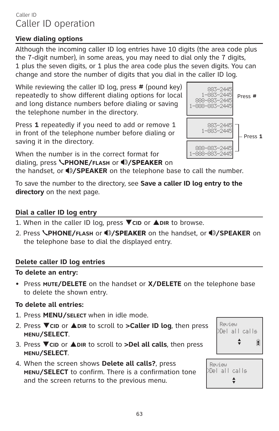 Caller id operation, Or p, When in idle mode. 2. press q | Elect . 3. press q | AT&T CL83301 User Manual | Page 69 / 118