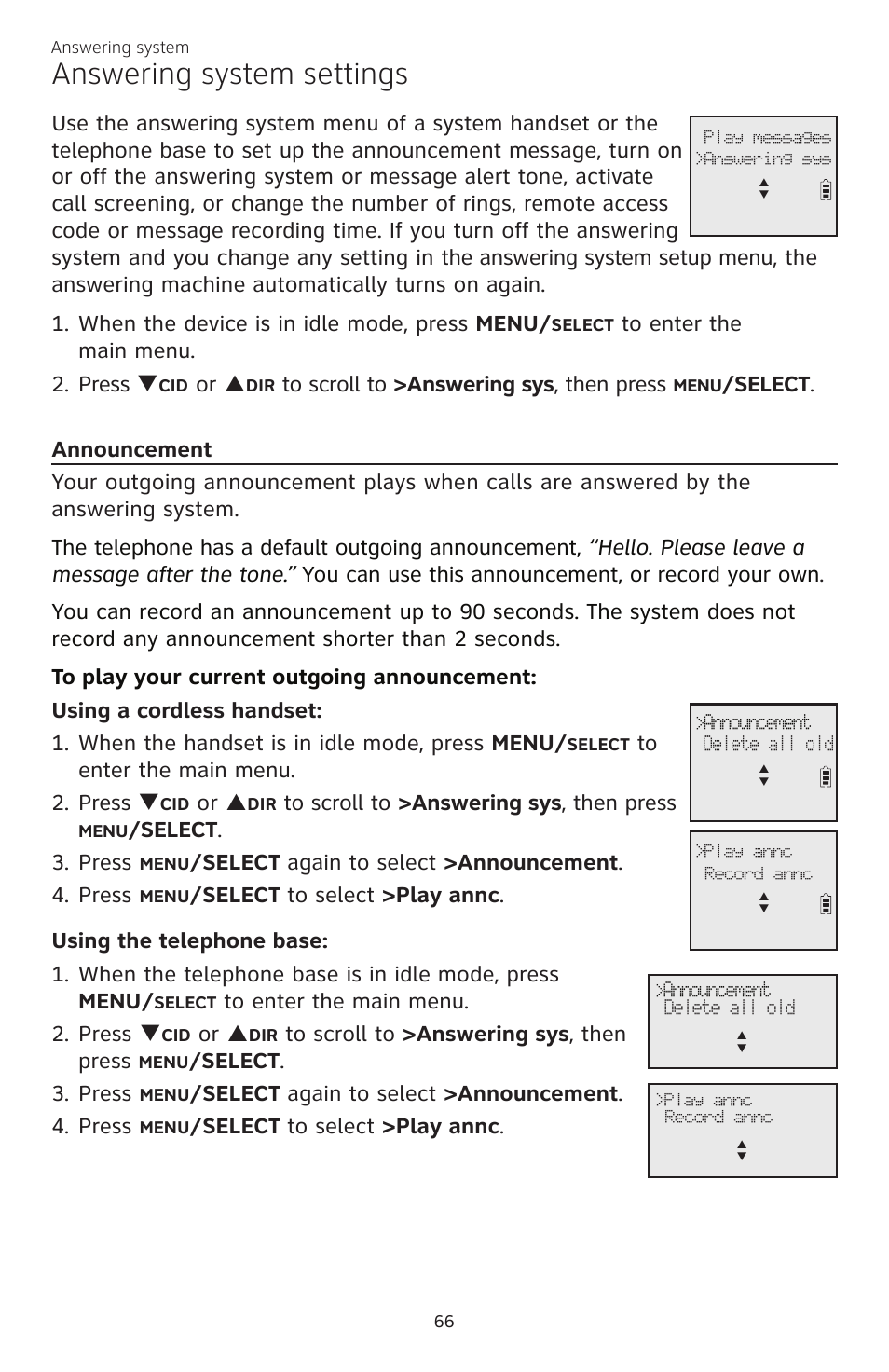 Answering system settings, Or p, Elect . 3. press | Elect again to select >announcement . 4. press, Elect to select >�lay annc | AT&T CL83301 User Manual | Page 72 / 118