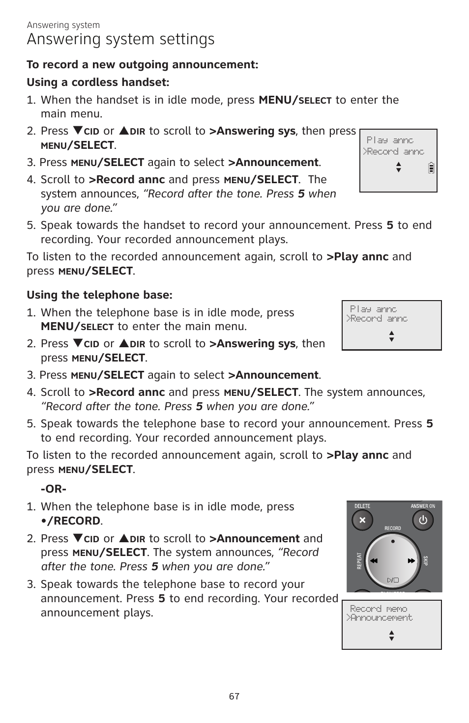 Answering system settings, Or p, Elect . 3. press | AT&T CL83301 User Manual | Page 73 / 118