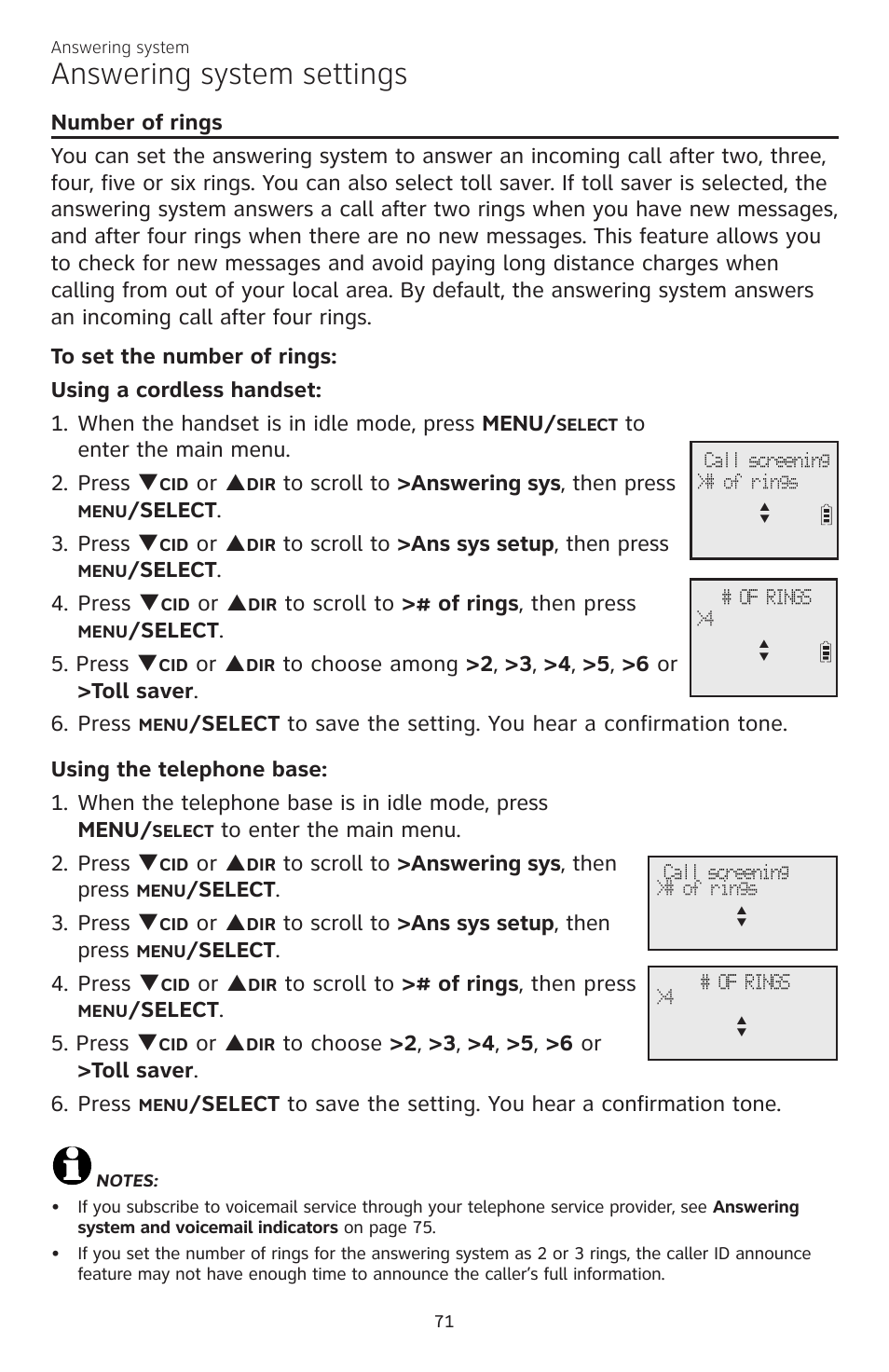 Answering system settings, Or p, Elect . 3. press q | Elect . 4. press q, Elect . 5. press q | AT&T CL83301 User Manual | Page 77 / 118