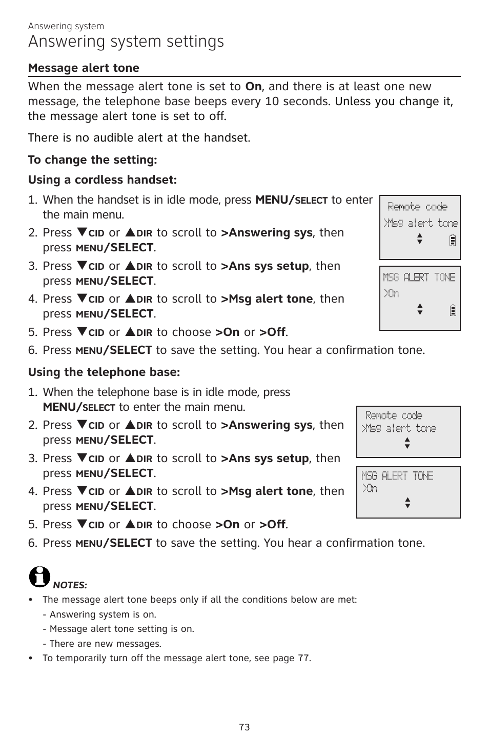 Answering system settings, Or p, Elect . 3. press q | Elect . 4. press q, Elect . 5. press q | AT&T CL83301 User Manual | Page 79 / 118