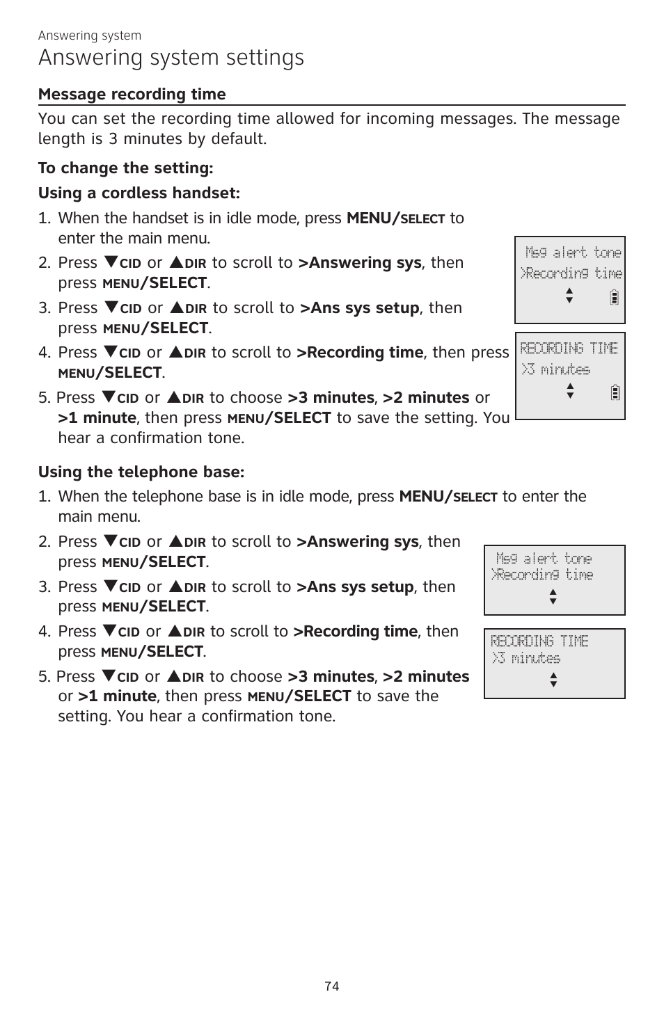 Answering system settings, Or p, Elect . 3. press q | Elect . 4. press q, Elect . 5. press q | AT&T CL83301 User Manual | Page 80 / 118