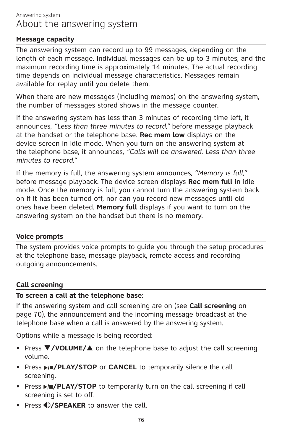 About the answering system | AT&T CL83301 User Manual | Page 82 / 118