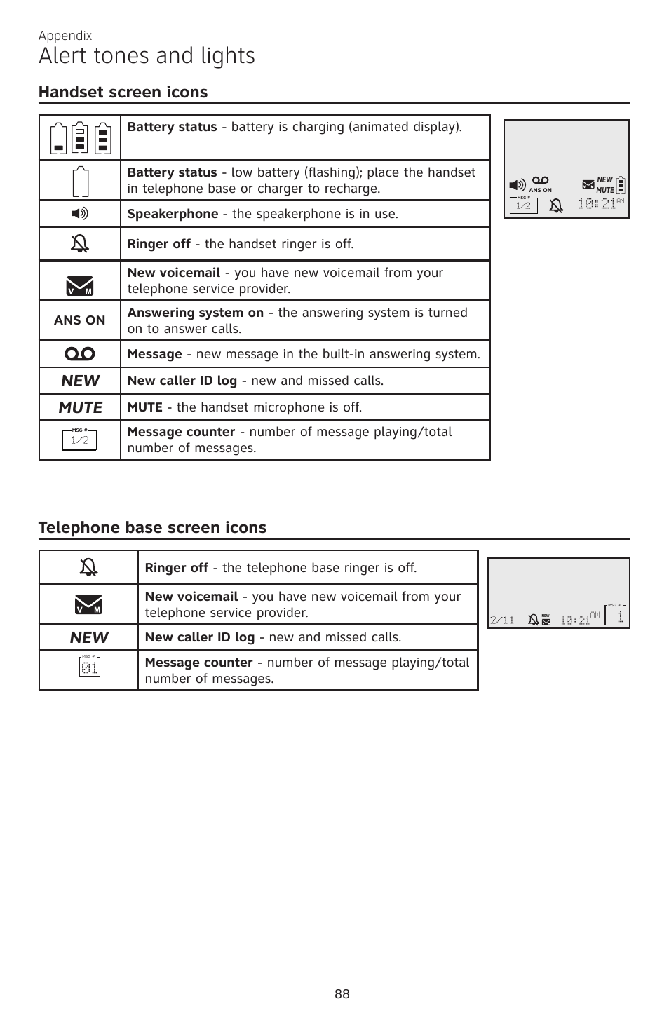 Alert tones and lights, Handset screen icons, Mute | Telephone base screen icons | AT&T CL83301 User Manual | Page 94 / 118