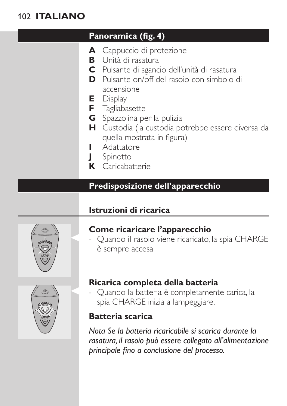 Panoramica (fig. 4), Predisposizione dell’apparecchio, Istruzioni di ricarica | Come ricaricare l’apparecchio, Ricarica completa della batteria, Batteria scarica | Philips Rasoir électrique User Manual | Page 100 / 180