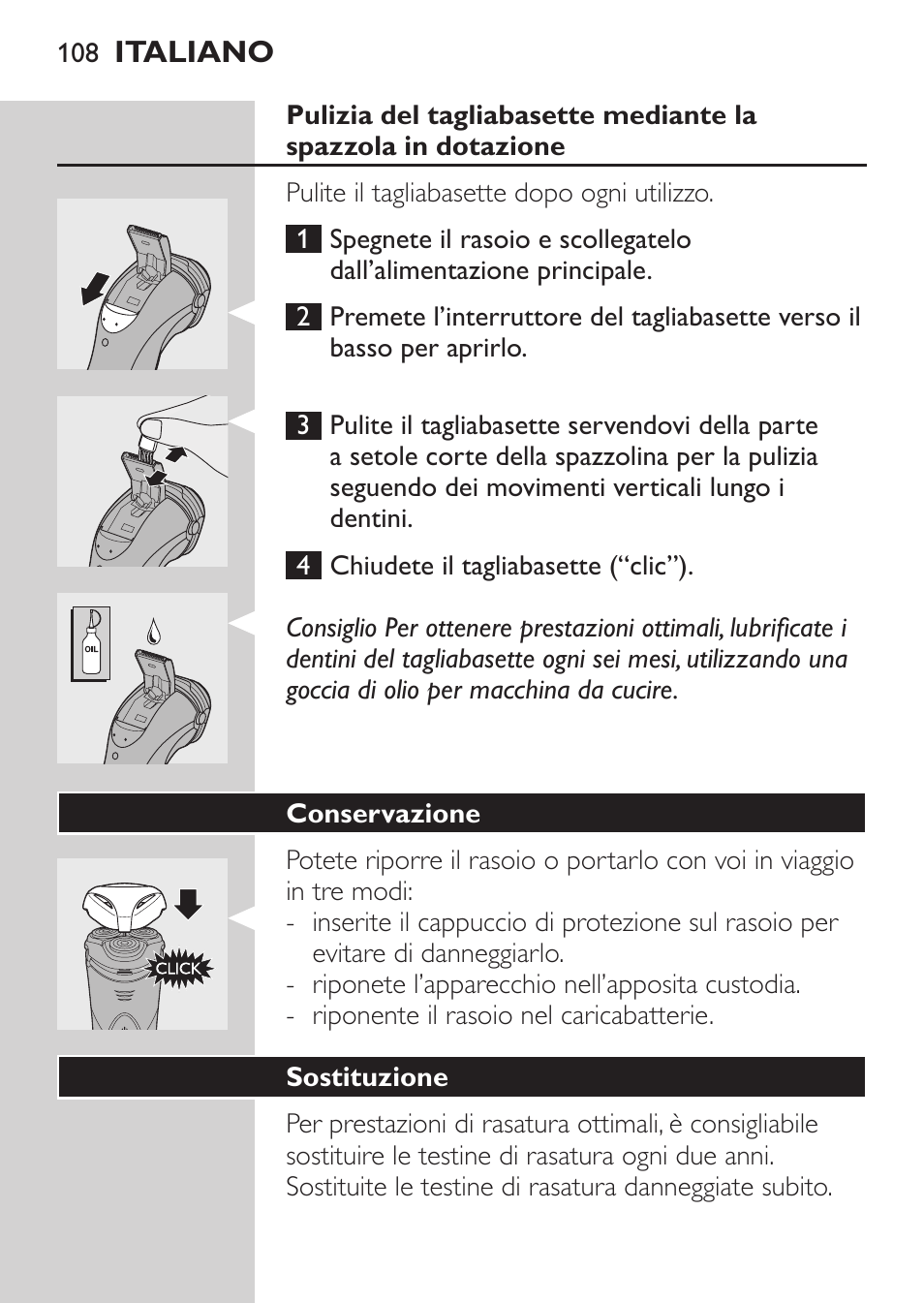 Conservazione, Sostituzione | Philips Rasoir électrique User Manual | Page 106 / 180