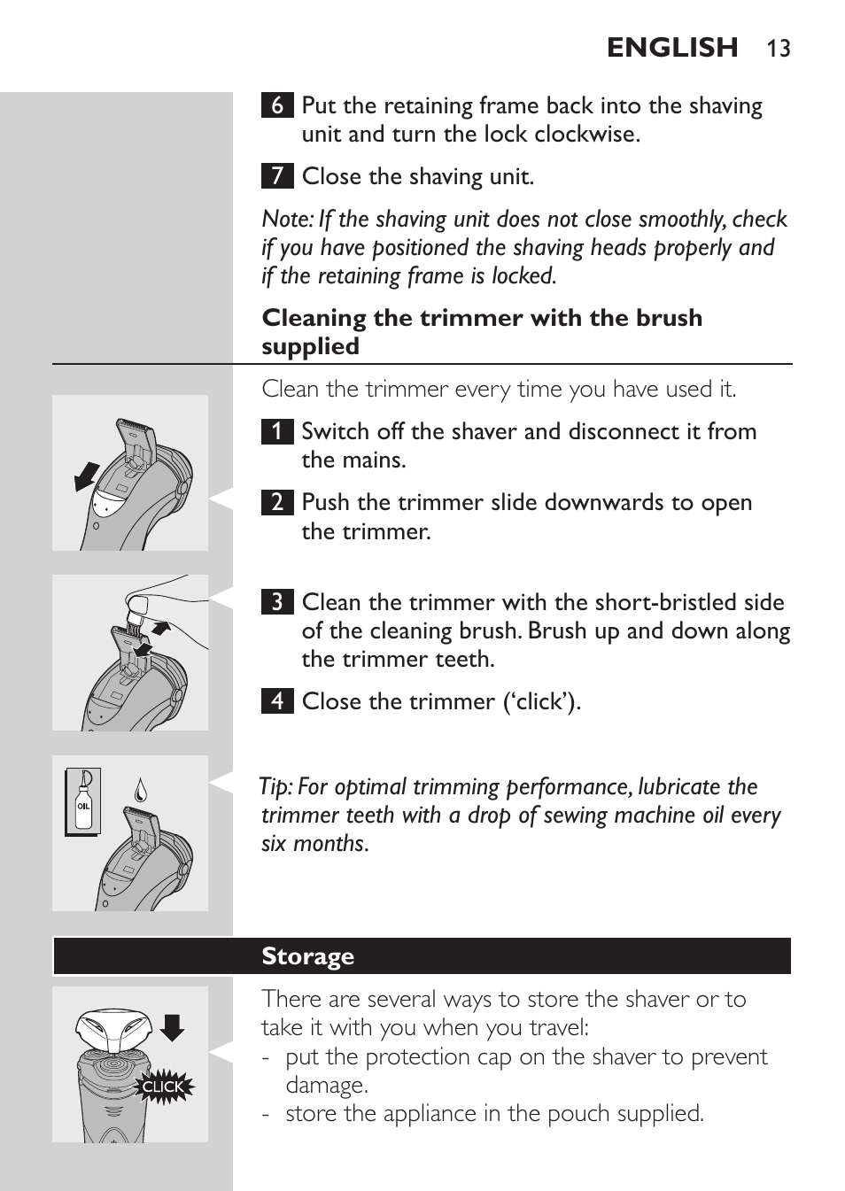 Cleaning the trimmer with the brush supplied, Storage | Philips Rasoir électrique User Manual | Page 11 / 180