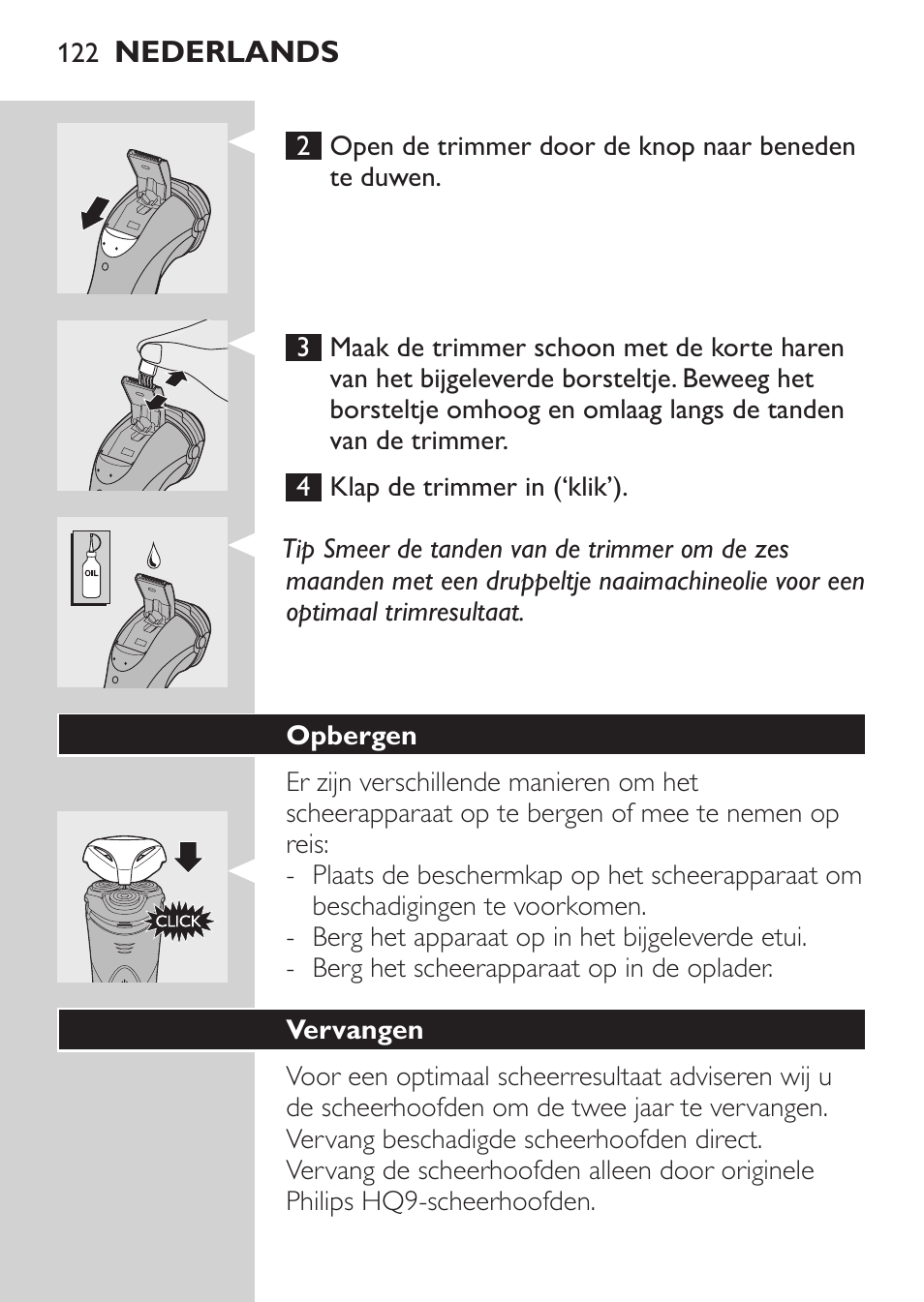 Opbergen, Vervangen | Philips Rasoir électrique User Manual | Page 120 / 180