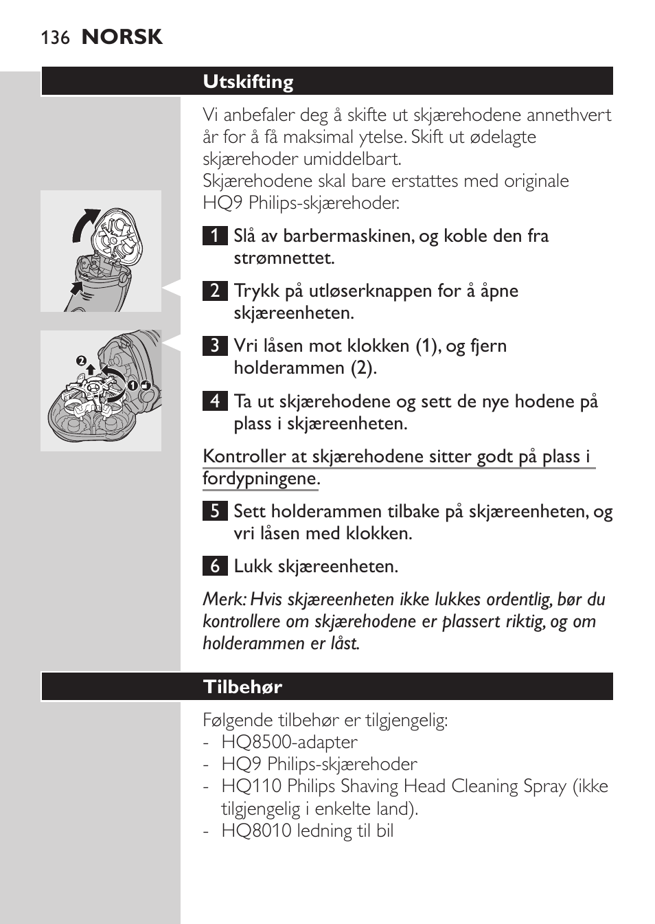 Utskifting, Tilbehør | Philips Rasoir électrique User Manual | Page 134 / 180