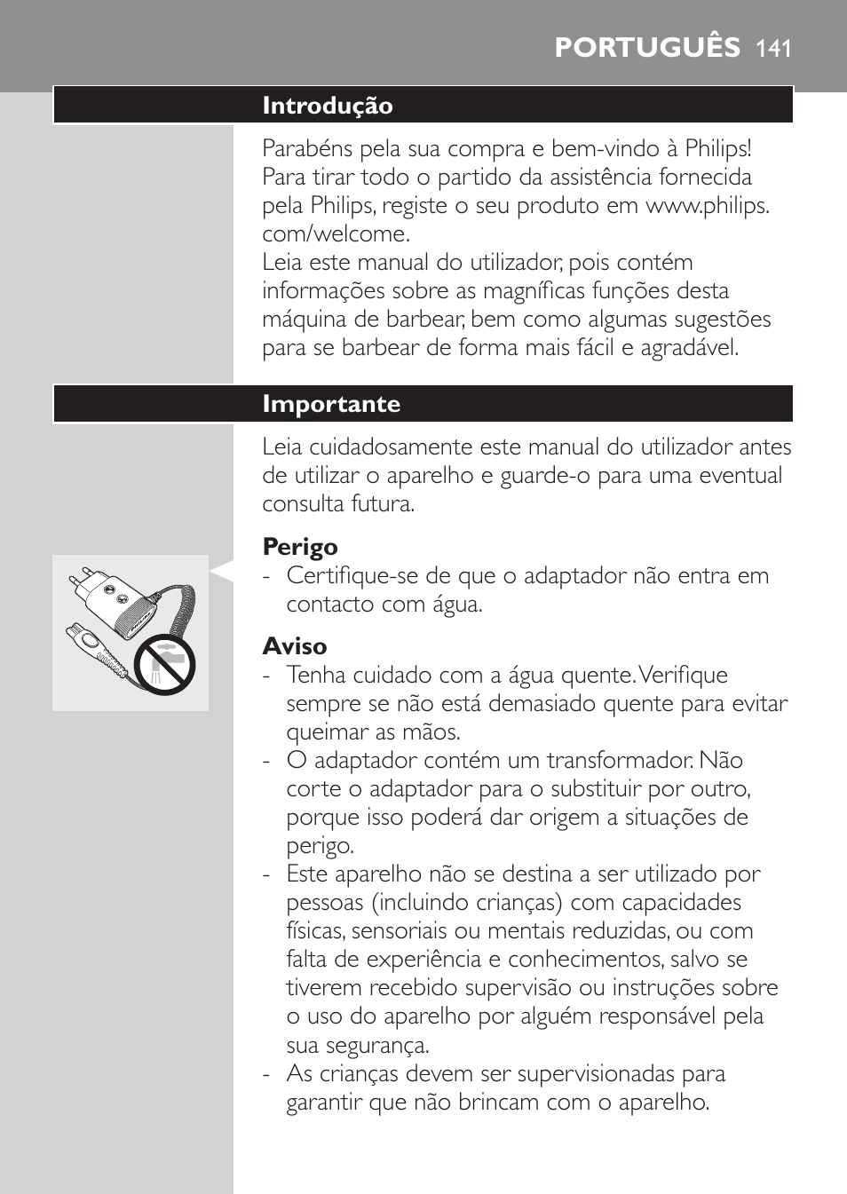 Perigo, Aviso, Português | Introdução, Importante | Philips Rasoir électrique User Manual | Page 139 / 180