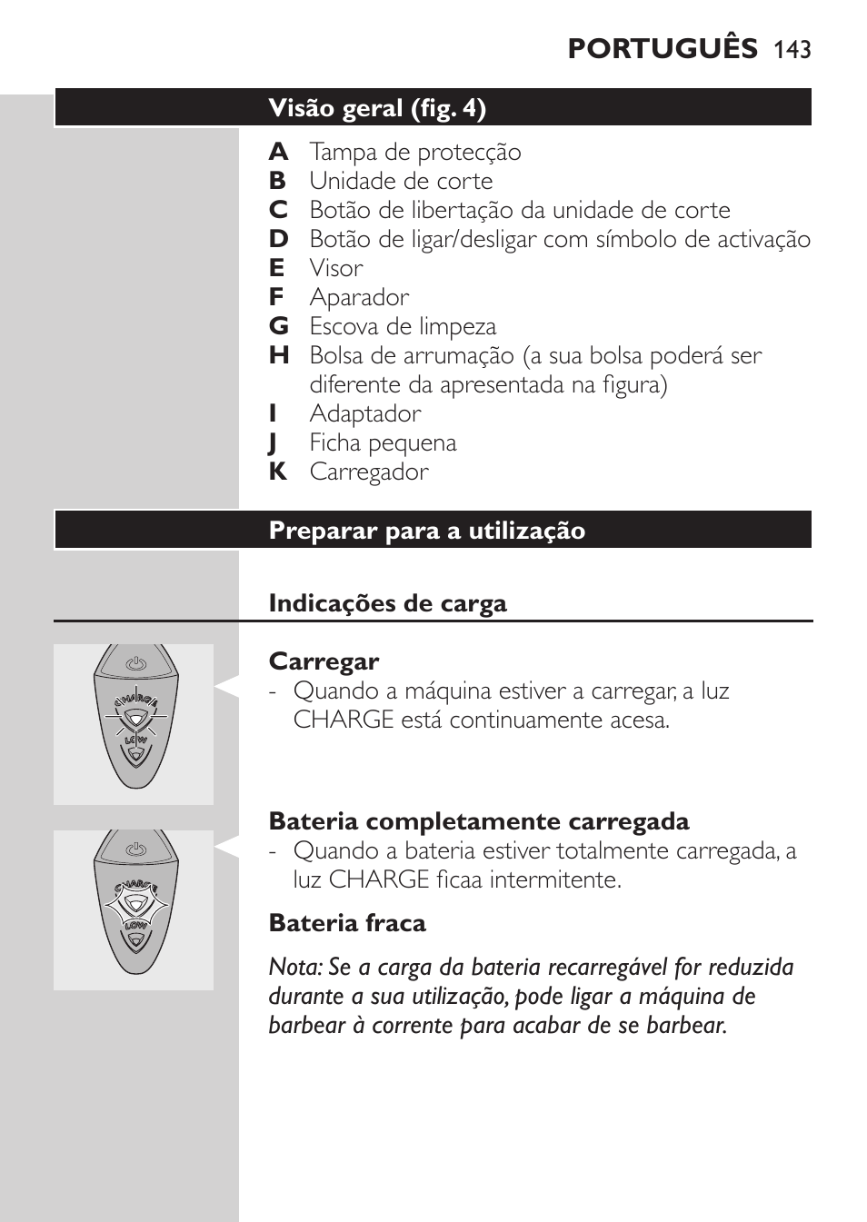 Visão geral (fig. 4), Preparar para a utilização, Indicações de carga | Carregar, Bateria completamente carregada, Bateria fraca | Philips Rasoir électrique User Manual | Page 141 / 180