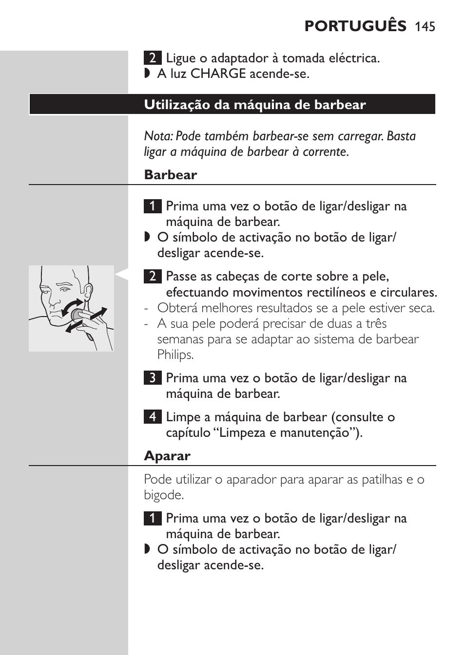 Utilização da máquina de barbear, Barbear, Aparar | Philips Rasoir électrique User Manual | Page 143 / 180