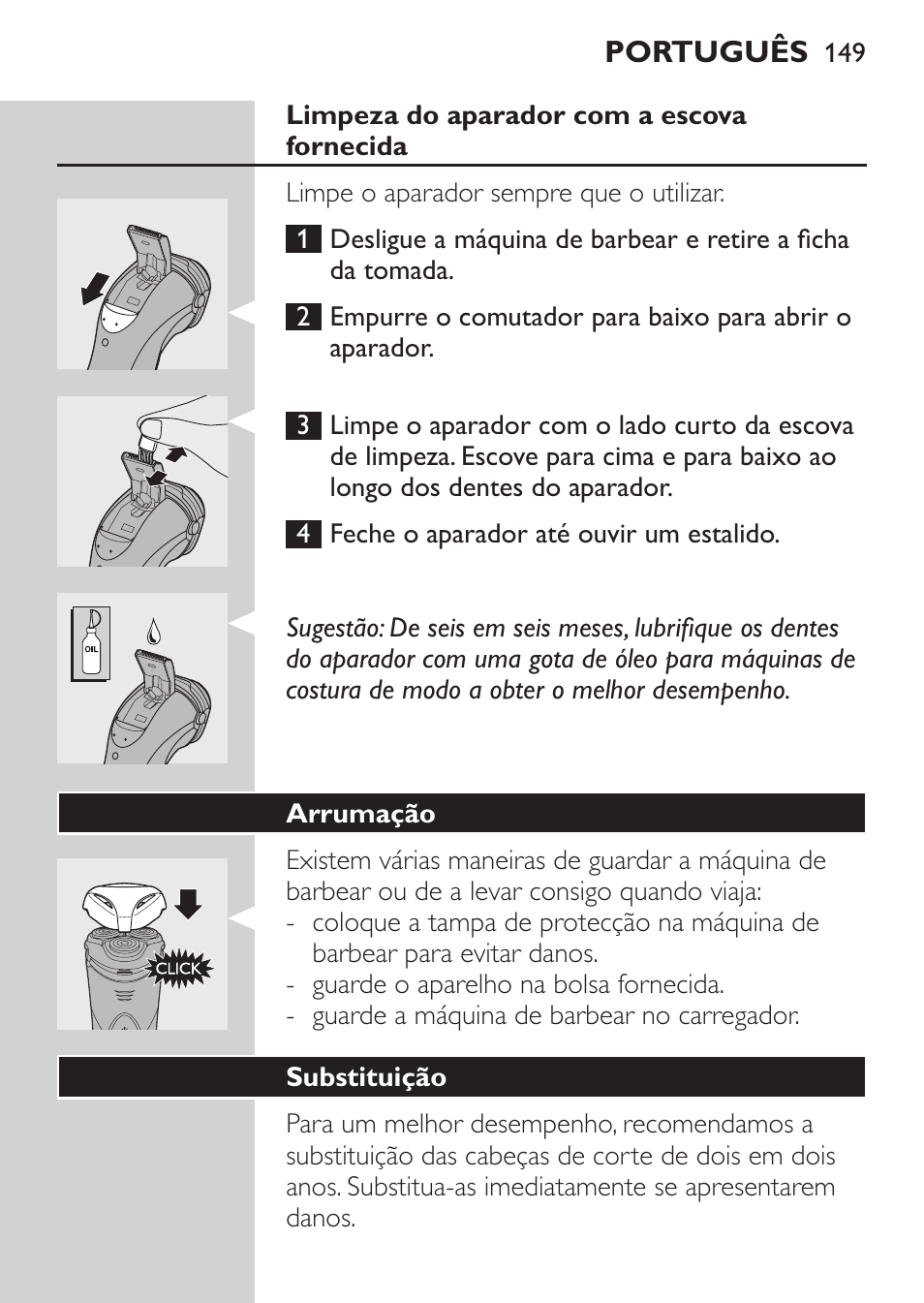 Limpeza do aparador com a escova fornecida, Arrumação, Substituição | Philips Rasoir électrique User Manual | Page 147 / 180