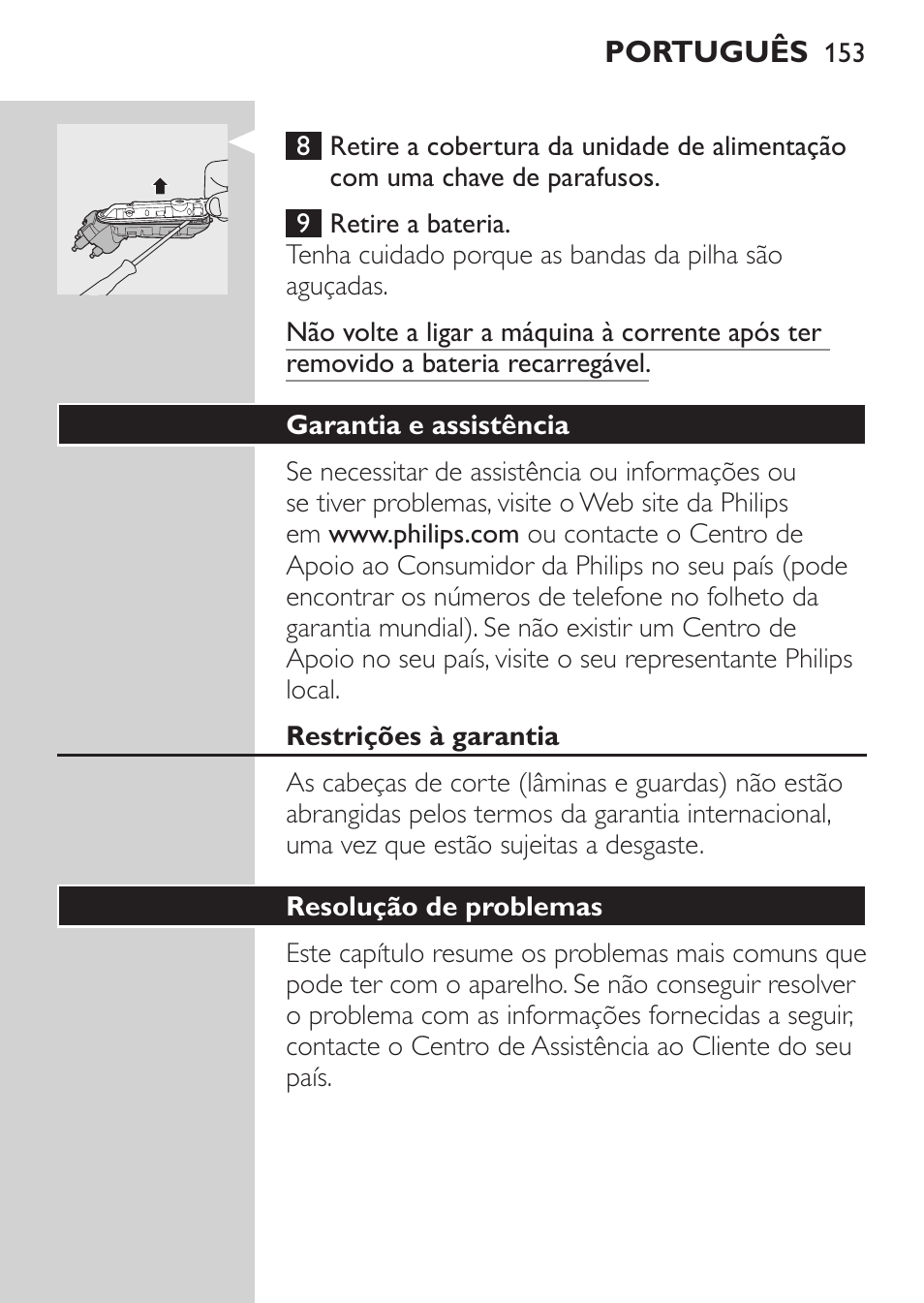 Garantia e assistência, Restrições à garantia, Resolução de problemas | Philips Rasoir électrique User Manual | Page 151 / 180