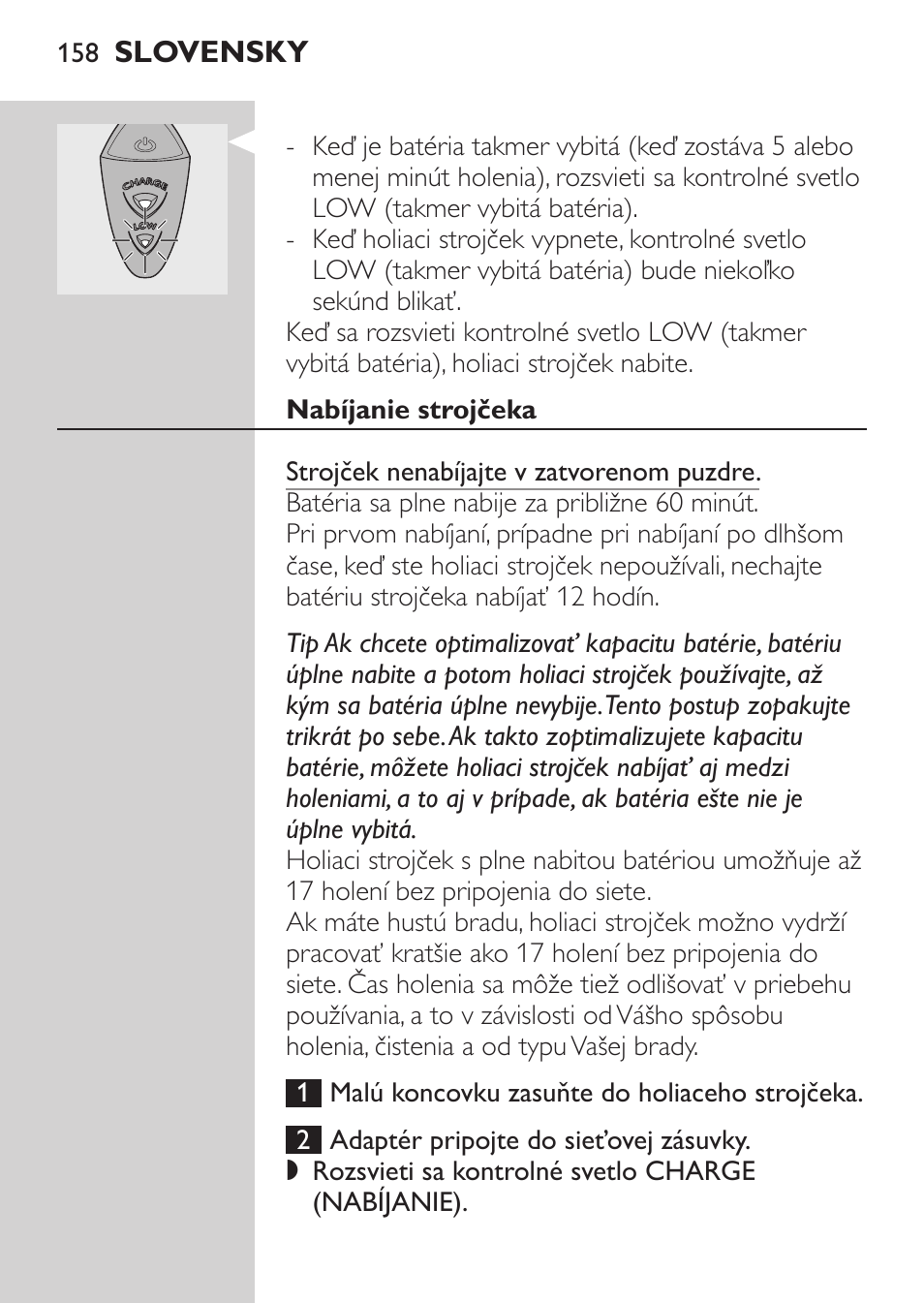 Nabíjanie strojčeka | Philips Rasoir électrique User Manual | Page 156 / 180