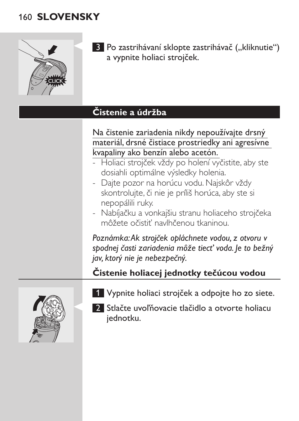 Čistenie a údržba, Čistenie holiacej jednotky tečúcou vodou | Philips Rasoir électrique User Manual | Page 158 / 180