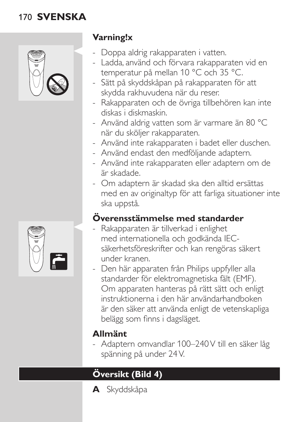 Överensstämmelse med standarder, Allmänt, Översikt (bild 4) | Philips Rasoir électrique User Manual | Page 168 / 180