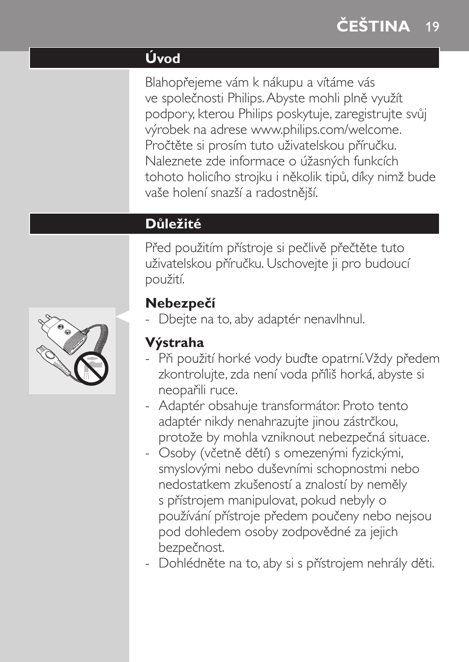 Nebezpečí, Výstraha, Upozornění | Čeština, Úvod, Důležité | Philips Rasoir électrique User Manual | Page 17 / 180