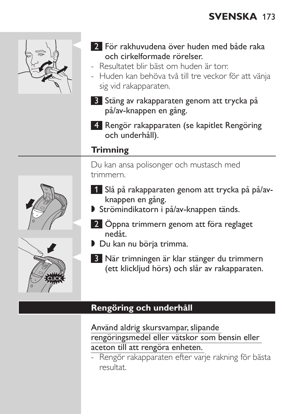 Trimning, Rengöring och underhåll | Philips Rasoir électrique User Manual | Page 171 / 180