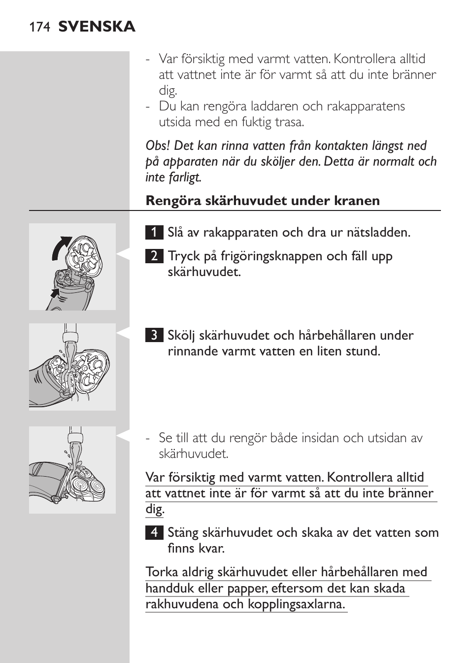 Rengöra skärhuvudet under kranen | Philips Rasoir électrique User Manual | Page 172 / 180
