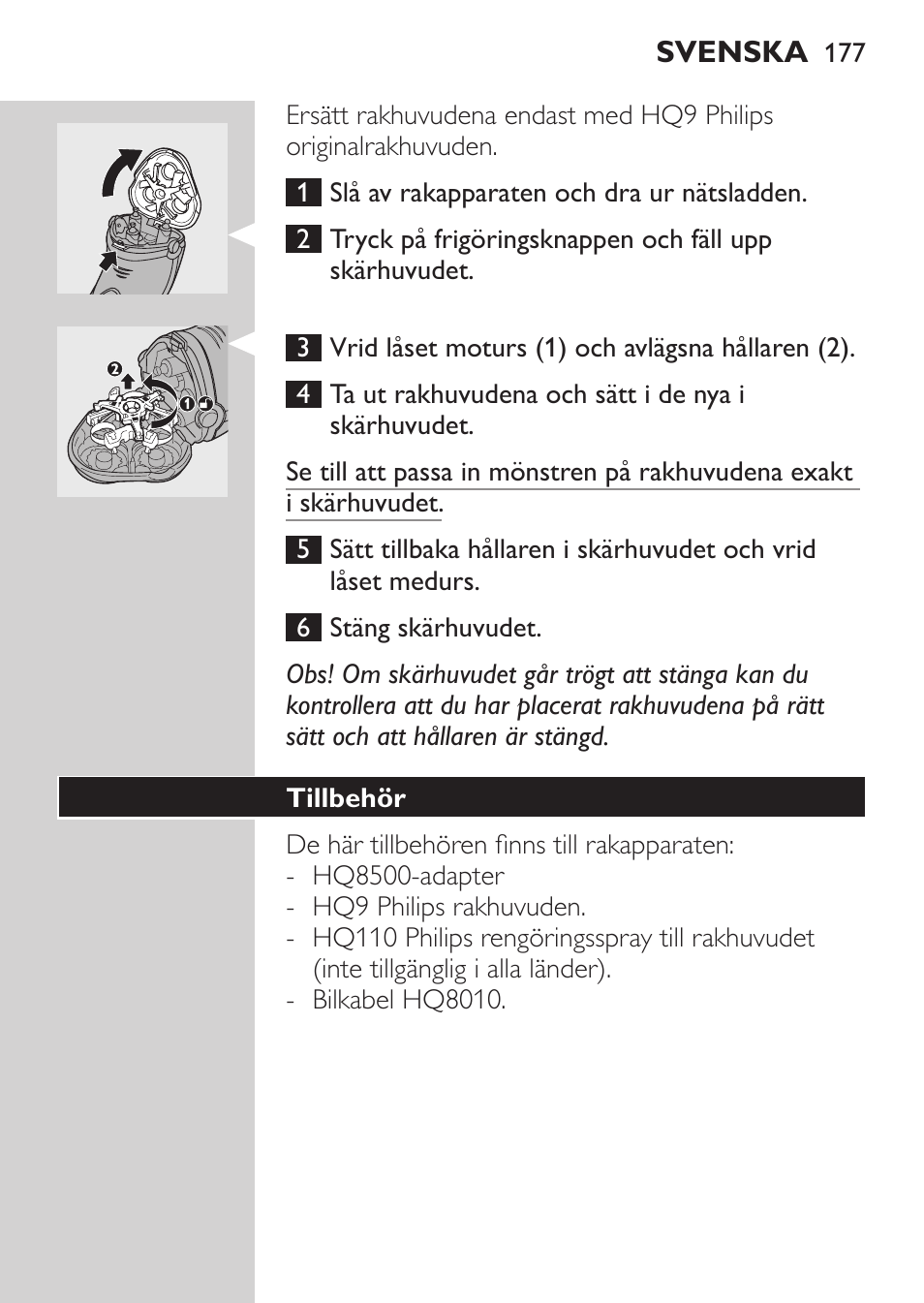Tillbehör | Philips Rasoir électrique User Manual | Page 175 / 180