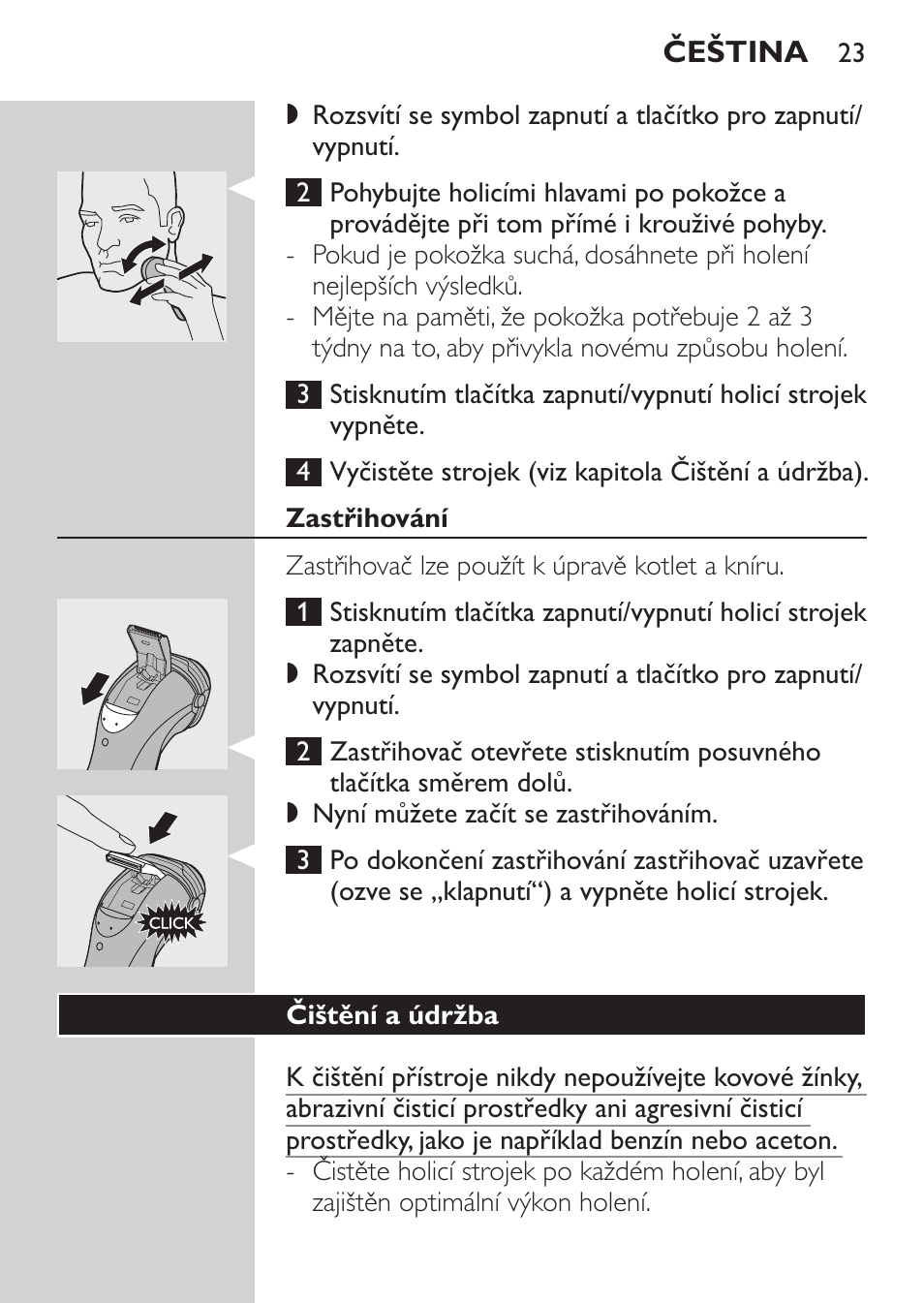 Zastřihování, Čištění a údržba | Philips Rasoir électrique User Manual | Page 21 / 180