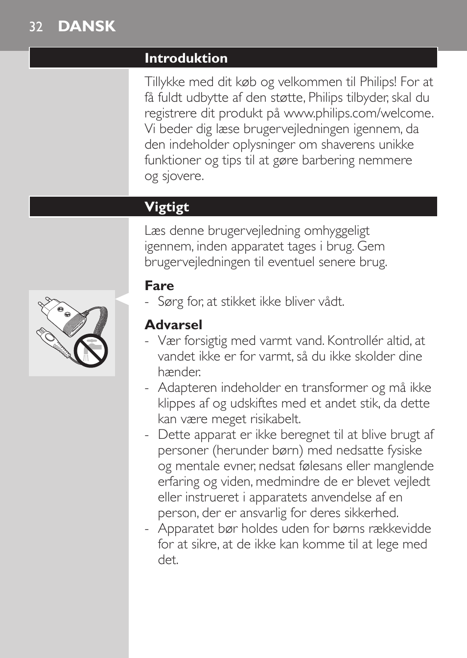 Fare, Advarsel, Forsigtig | Dansk, Introduktion, Vigtigt | Philips Rasoir électrique User Manual | Page 30 / 180