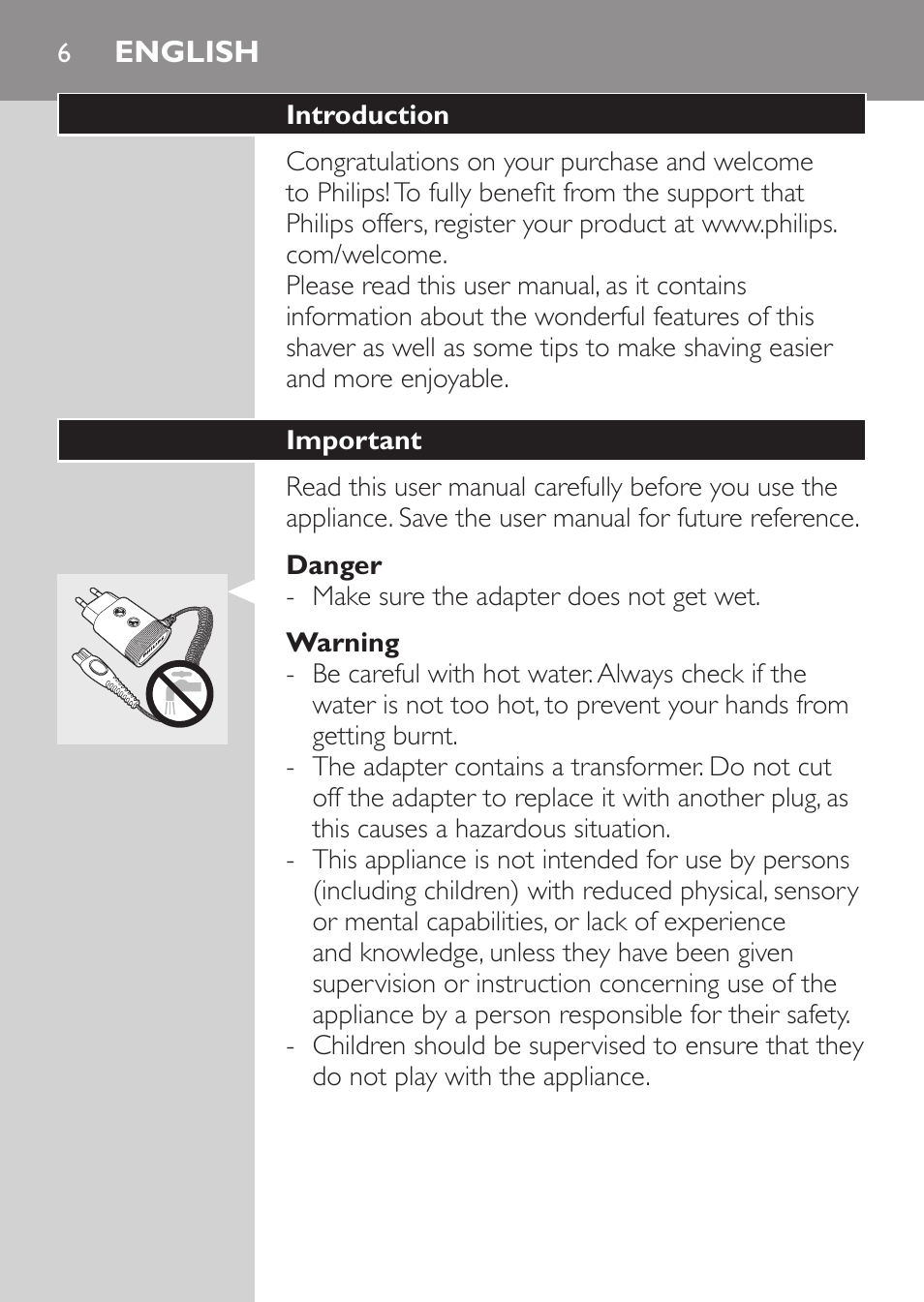 English, Introduction, Important | Danger, Warning, Caution | Philips Rasoir électrique User Manual | Page 4 / 180