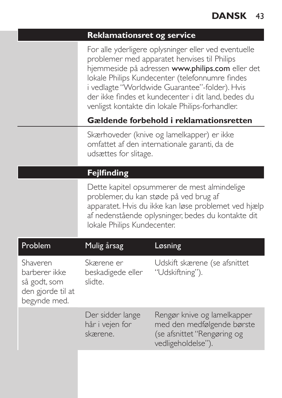 Reklamationsret og service, Gældende forbehold i reklamationsretten, Fejlfinding | Philips Rasoir électrique User Manual | Page 41 / 180