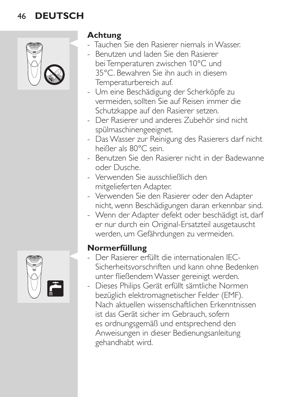 Achtung, Normerfüllung | Philips Rasoir électrique User Manual | Page 44 / 180