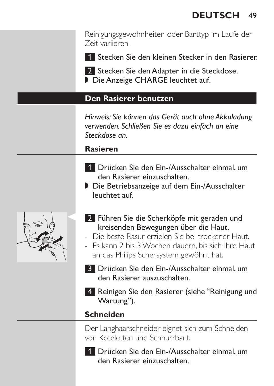 Den rasierer benutzen, Rasieren, Schneiden | Philips Rasoir électrique User Manual | Page 47 / 180