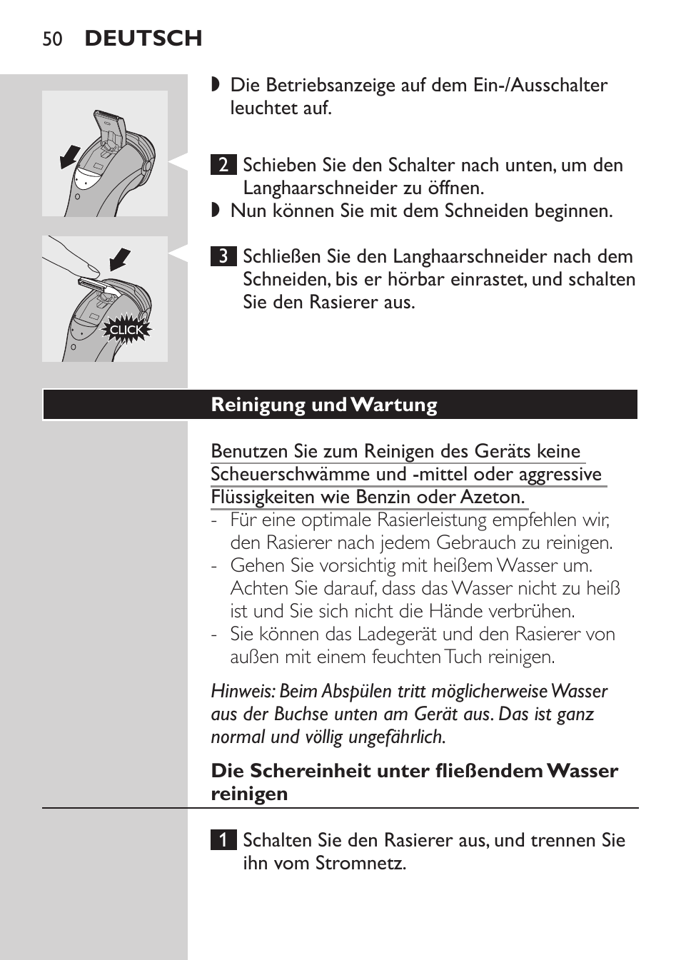 Reinigung und wartung, Die schereinheit unter fließendem wasser reinigen | Philips Rasoir électrique User Manual | Page 48 / 180