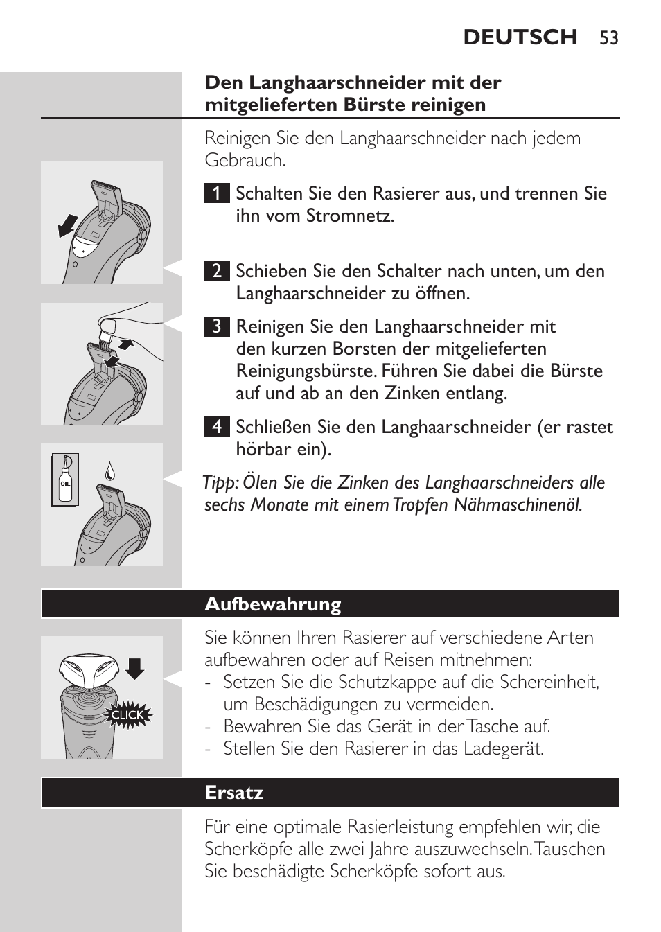 Aufbewahrung, Ersatz | Philips Rasoir électrique User Manual | Page 51 / 180