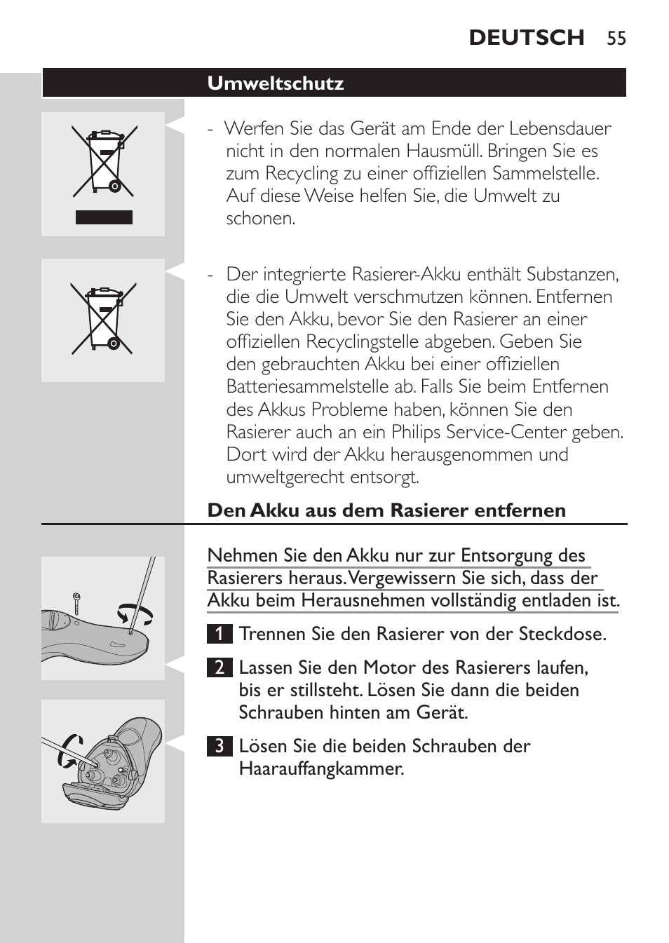 Umweltschutz, Den akku aus dem rasierer entfernen | Philips Rasoir électrique User Manual | Page 53 / 180