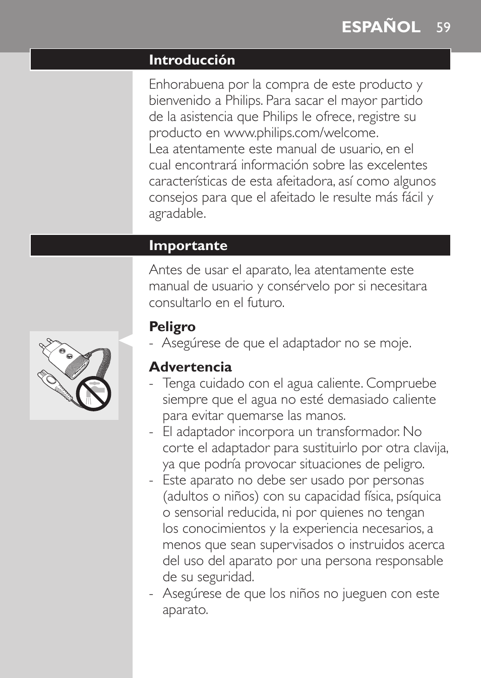 Peligro, Advertencia, Español | Introducción, Importante | Philips Rasoir électrique User Manual | Page 57 / 180