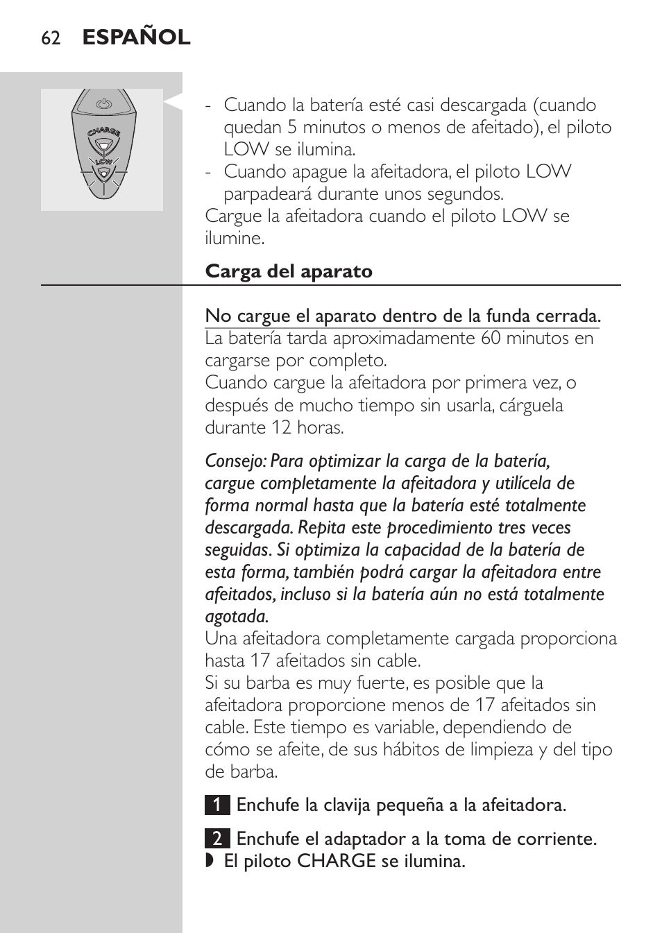Carga del aparato | Philips Rasoir électrique User Manual | Page 60 / 180