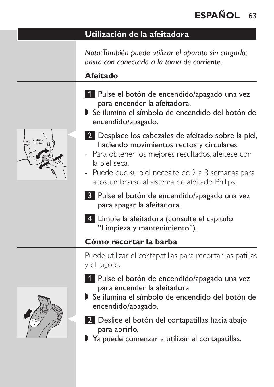 Utilización de la afeitadora, Afeitado, Cómo recortar la barba | Philips Rasoir électrique User Manual | Page 61 / 180