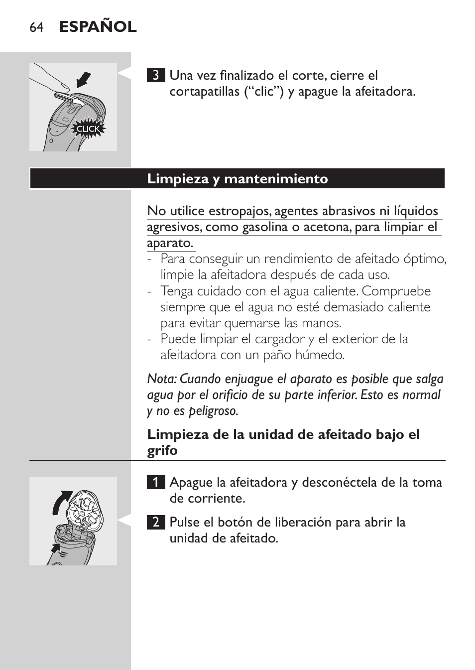 Limpieza y mantenimiento, Limpieza de la unidad de afeitado bajo el grifo | Philips Rasoir électrique User Manual | Page 62 / 180
