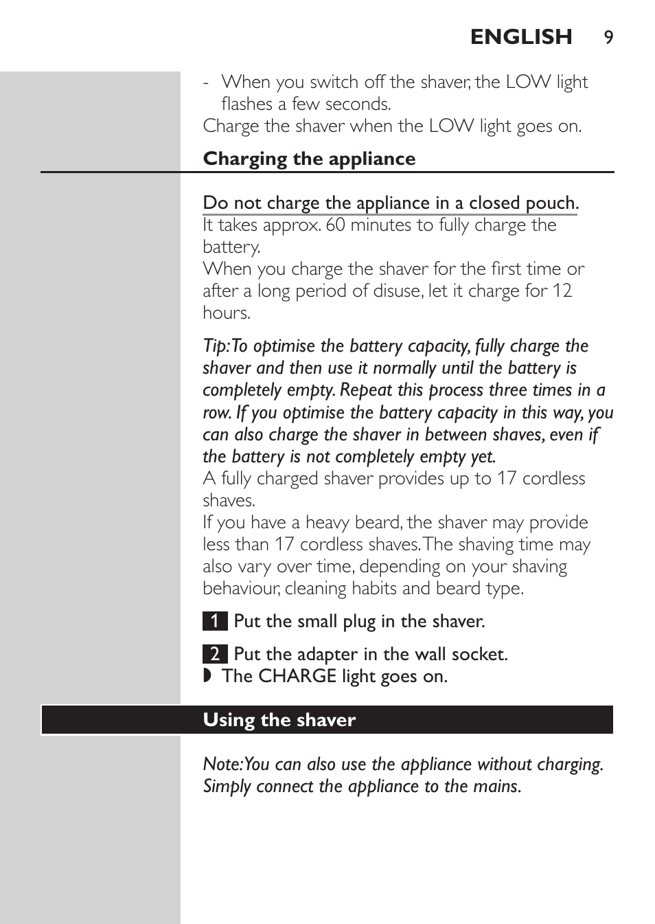 Charging the appliance, Using the shaver, Shaving | Philips Rasoir électrique User Manual | Page 7 / 180