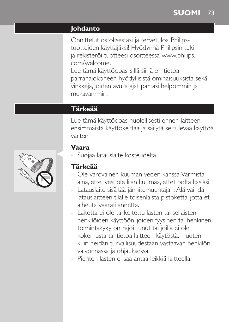 Vaara, Tärkeää, Varoitus | Suomi, Johdanto | Philips Rasoir électrique User Manual | Page 71 / 180