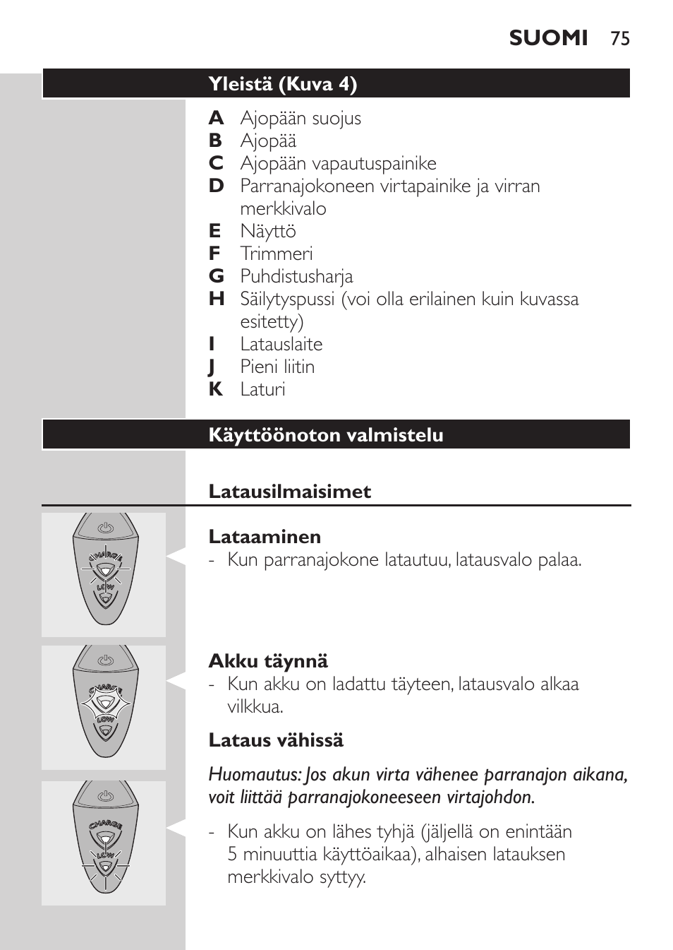 Käyttöönoton valmistelu, Latausilmaisimet, Lataaminen | Akku täynnä, Lataus vähissä | Philips Rasoir électrique User Manual | Page 73 / 180