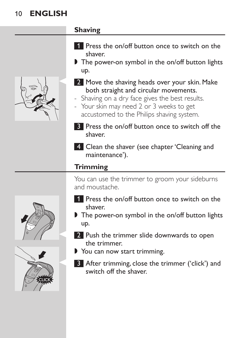 Trimming, Cleaning and maintenance | Philips Rasoir électrique User Manual | Page 8 / 180