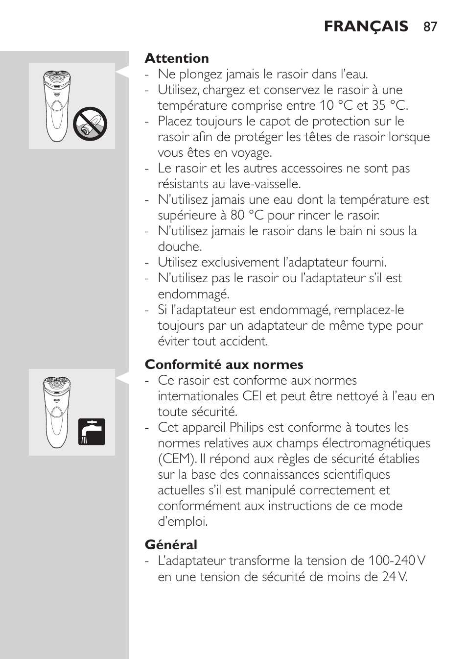 Attention, Conformité aux normes, Général | Philips Rasoir électrique User Manual | Page 85 / 180