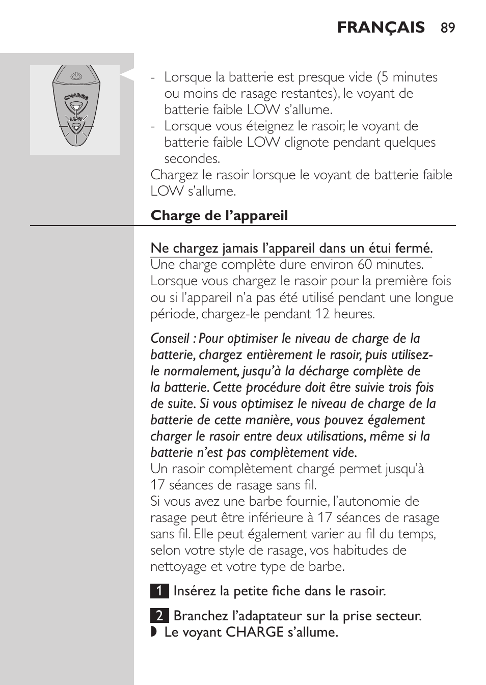 Charge de l’appareil | Philips Rasoir électrique User Manual | Page 87 / 180