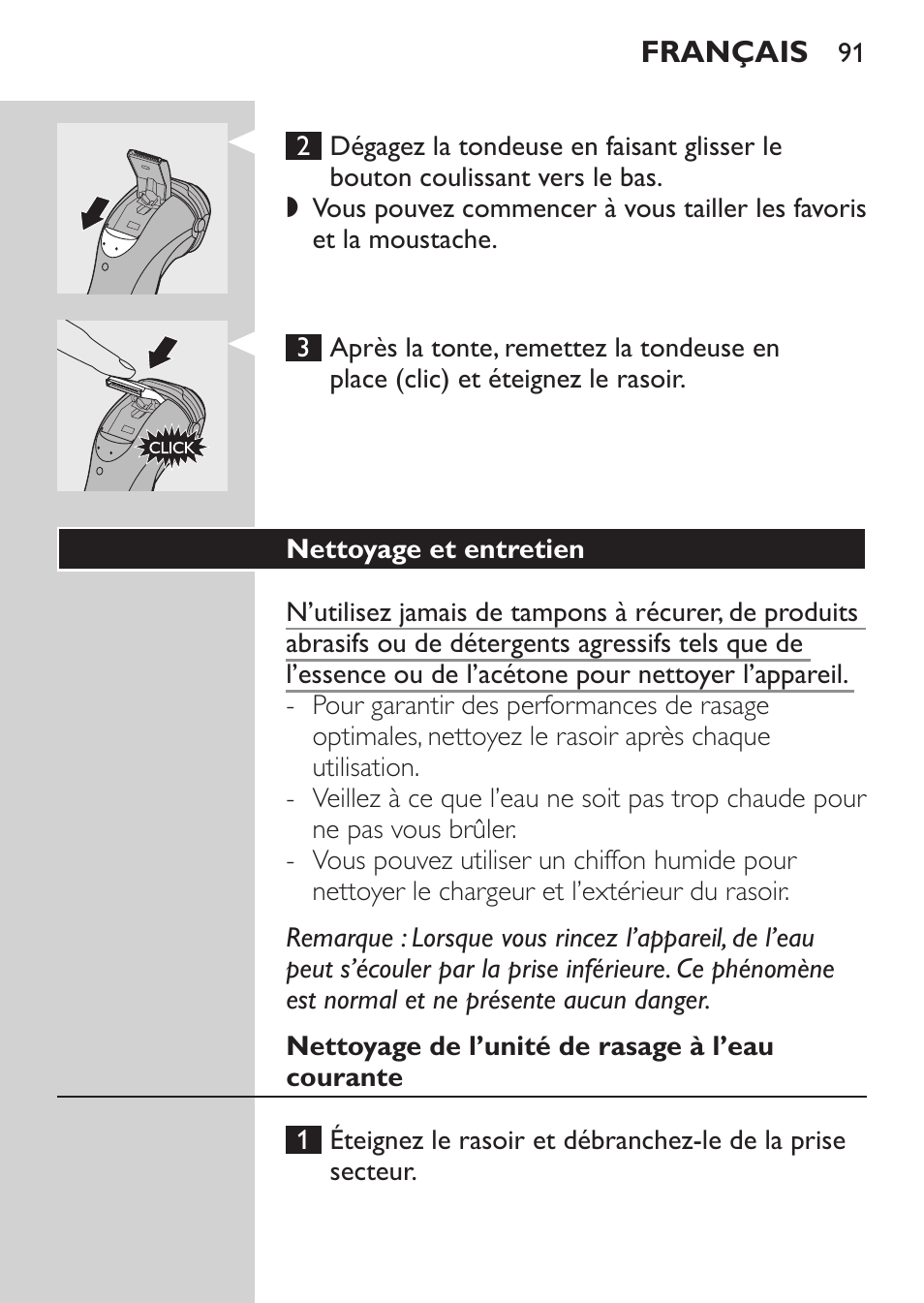 Nettoyage et entretien, Nettoyage de l’unité de rasage à l’eau courante | Philips Rasoir électrique User Manual | Page 89 / 180