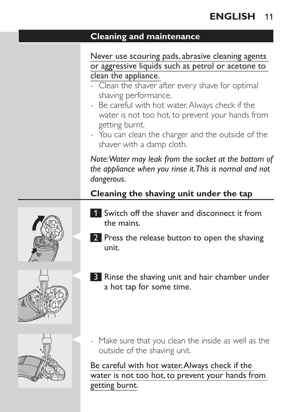 Cleaning the shaving unit under the tap | Philips Rasoir électrique User Manual | Page 9 / 180
