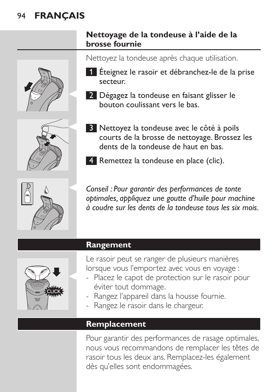 Rangement, Remplacement | Philips Rasoir électrique User Manual | Page 92 / 180