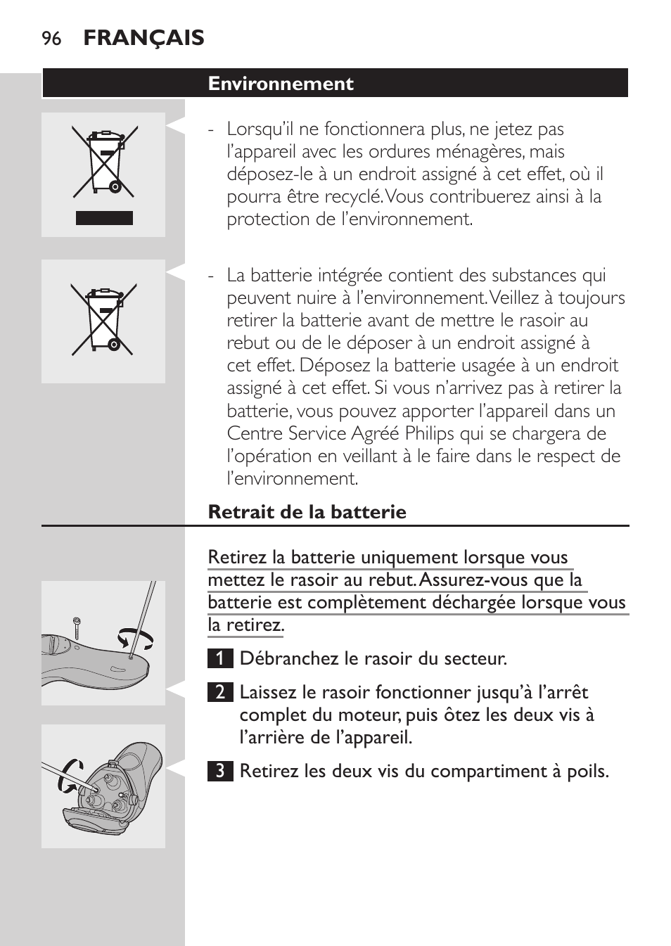 Environnement, Retrait de la batterie | Philips Rasoir électrique User Manual | Page 94 / 180