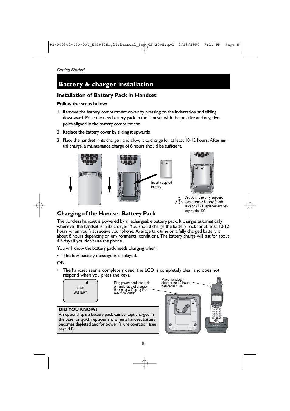 Battery & charger installation, Installation of battery pack in handset, Charging of the handset battery pack | AT&T P5962 User Manual | Page 10 / 53